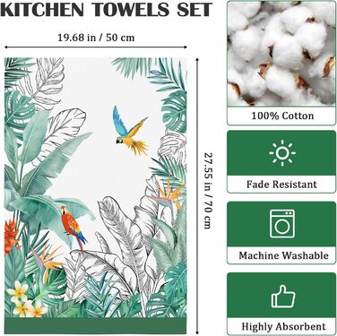 Кухонні рушники, бавовна, 4 упаковки, кухонні рушники, 100 бавовна. Осінній набір кухонних рушників. Багатоцільовий високоякісний набір кухонних рушників для сушіння. Рушники для кухонних рушників 50 x 70 см (тропічні рослини, квіти та птахи)