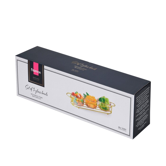 Мінажниця Fissman 36x10,5x5,7 см на металевій підставці 3 секції по 240 мл скло (16391)
