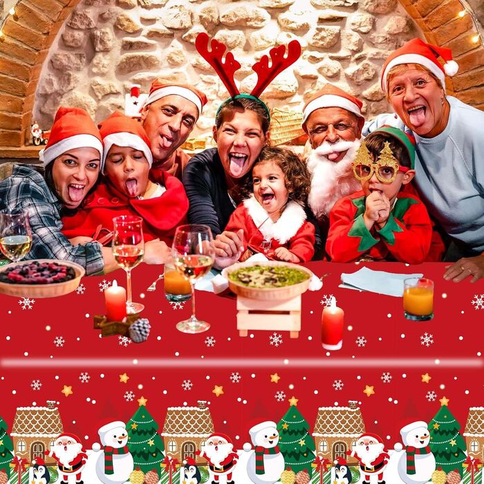 Різдвяні скатертини, одноразові різдвяні скатертини, великі прямокутні скатертини у формі Санта-Клауса, сніговика, обідні скатертини для різдвяної вечірки (137 x 274 см) (червоний фон сніговик), 2