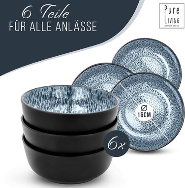 Набір посуду з керамограніту 6 персон Ibiza 24 шт. - Середземноморський набір посуду, посудомийна машина, мікрохвильова піч і захист від подряпин - Набір мисок і тарілок - Посуд Pure Living Black в димчасто-блакитному кольорі (миски (6x))