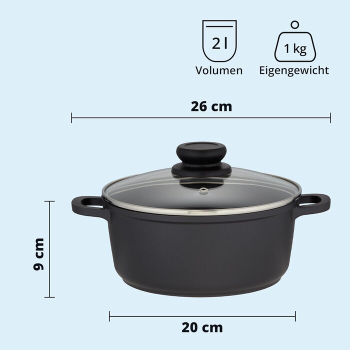 Каструля KHG з індукційним антипригарним покриттям, XXL овочева каструля, велика місткість, 10 літрів Чорний алюміній зі скляною кришкою Міцні, цільні ручки Підходить для всіх типів плит (20 см)