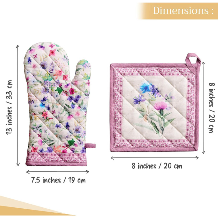 Рукавички для духовки Maison d&39 Hermine, Прихватки для каструль, 100 бавовна, термостійкі кухонні рукавички, рукавички для духовки (19 x 33 см) та прихватки для каструль (20 x 20 см) для приготування їжі, Морзін - Рукавички для духовки (19 x 33 см) та п