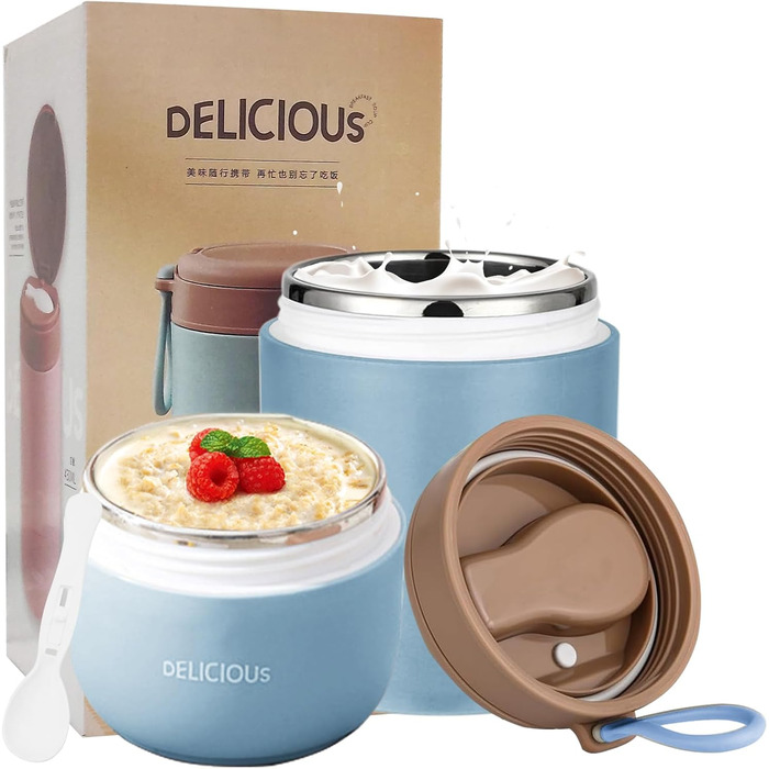 Стаканчик для пластівців Chedin з кришкою, стаканчик для каші з нержавіючої сталі 730 мл, герметичний стаканчик для йогурту з ложкою та кришкою, двошарові герметичні банки Мейсон, ідеально підходять для роботи (сині)