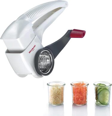 Барабанна терка/рубанок Westmark з 3 ріжучими барабанами та вбудованим плунжером, нержавіюча сталь/пластик, тріо, білий/антрацит, 11722260 (з лущильником)