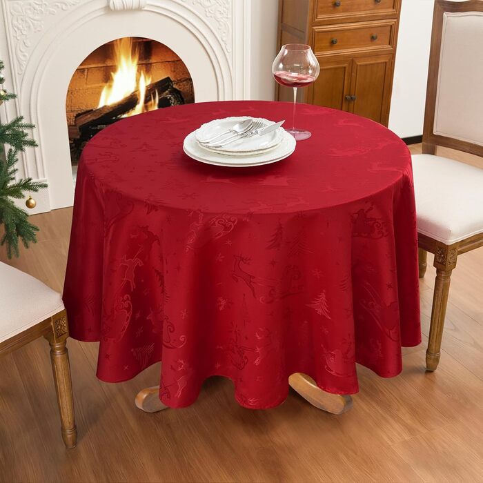 Маленька різдвяна скатертина Romanstile, яку можна прати та вона водовідштовхувальна, жакардовий олень та ялинка, квадратна скатертина для журнального столика, святкова, подарункова ( 180 см, червона)