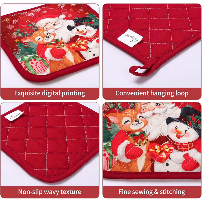 Набір з 2 різдвяних рукавичок для духовки та прихваток Arquiel, 100 бавовняні кулінарні рукавички, термостійкі кухонні рукавички для приготування їжі, різдвяні подарунки для жінок (Санта Клаус, рукавички для духовки*2 прихватки*2)