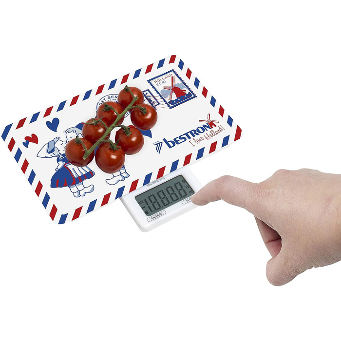 Цифровые кухонные весы Bestron с ЖК-дисплеем, Ретро-дизайн, Сладкие сны, Грузоподемность 5 кг, Точность до 1 г, Стекло, Розовый (Белый/Синий (Я люблю Голландию))
