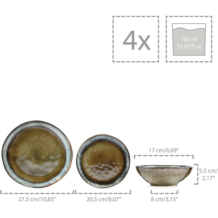 СПІВАЧКА Обідній сервіз Asti Stoneware, набір посуду з 12 предметів для 4 осіб, темний та унікальний дизайн, сучасний