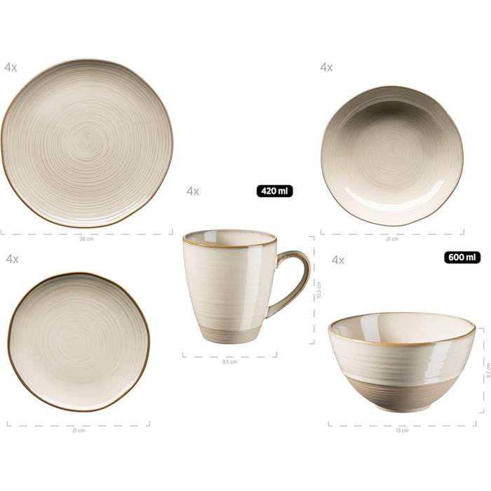 Набір вінтажного посуду MSER серії 931512 Nottingham на 4 персони, комбінований сервіз із 20 предметів із неправильними круглими формами в стилі ретро, керамограніт, бежевий