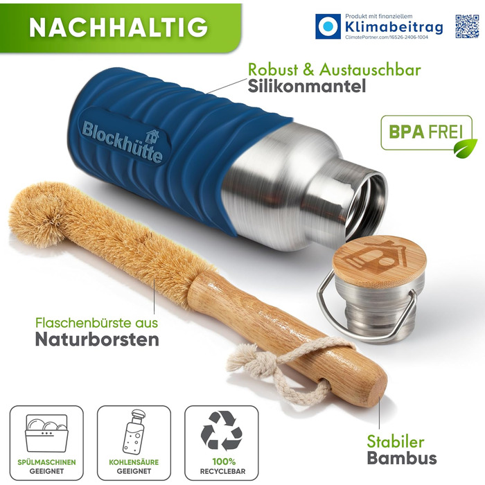 Ізольована пляшка для пиття преміум-класу з нержавіючої сталі 1л з натуральною щетиною Герметична ізольована пляшка Ізольована пляшка для університету, офісу, яку можна мити в посудомийній машині Без BPA (синій)