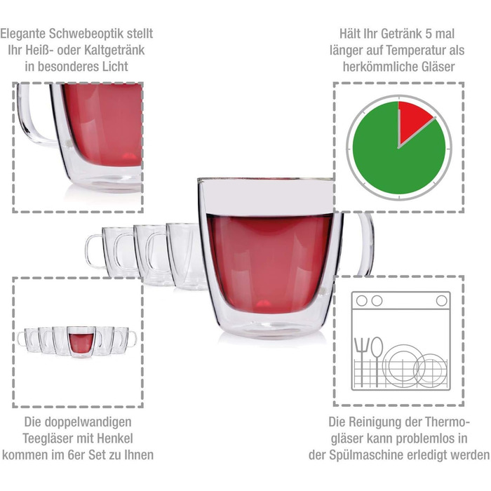 Співачка Келихи з подвійними стінками, набір склянок із 6 предметів, з подвійними стінками, термосклянки Кава 330 мл без ручки (чайні склянки)