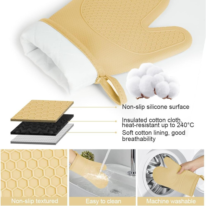 Набір рукавичок для духовки AUAUY, 1 пара силіконових рукавичок для духовки з 2 тримачами для каструль, нековзні кулінарні рукавички, термостійкі рукавички для духовки, рукавички для кухні, приготування їжі, випічки, гриля та барбекю (жовті)