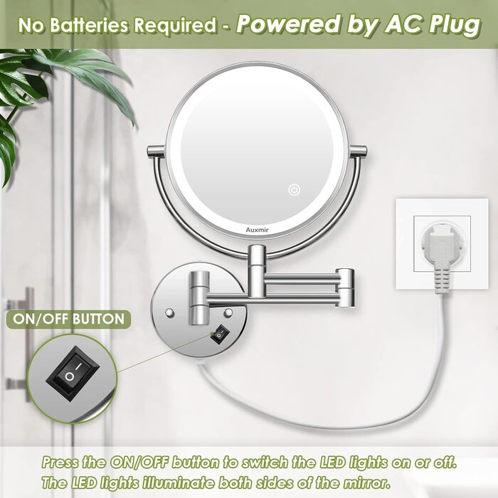 Дзеркало косметичне 20 см настінне з підсвічуванням та 10-кратним збільшенням, сріблясте Vialex