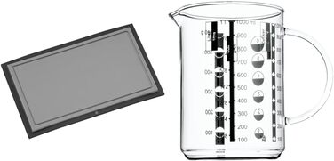 Пластиковая разделочная доска WMF Touch 32 x 20 см, Разделочная доска с канавкой для сока, Доска для разделки мяса, Удобная разделочная доска для лезвий, (Черная, комплект с мерным стаканчиком)