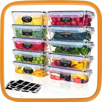 Контейнери для зберігання продуктів Hibisaws з 12 предметів з кришками, контейнери для заморожування, коробки для продуктів, без BPA та 100 герметичні, прозорі, 6 x 1 л та 6 x 0,5 л, коробки для приготування їжі, набір Tupperware (10 x 1 л)