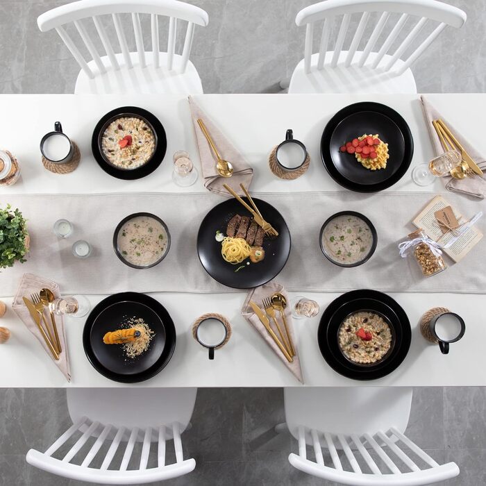 Столовий сервіз з керамограніту, набір посуду vancasso MODA, вінтажний вигляд, комбінований сервіз із 40 предметів з 8 обідніми тарілками, тарілками для тортів, суповими тарілками, мисками та чашками кожна (чорна, комбінована сервіровка 20 шт. )