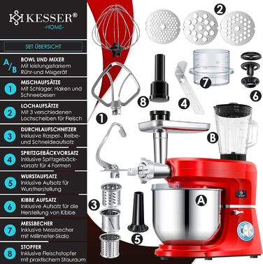 Універсальний кухонний комбайн KESSER 3 в 1 K-KM 3000 з м'ясорубкою Тістомісильна машина Багатофункціональний міксер Чаша 5,5 л з 3 інструментами для перемішування, соковижималка 1,5 л, набір ковбас, форми для макаронів і печива Чорний (червоний)