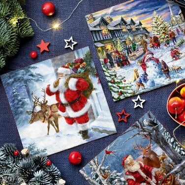 Серветки 3-шарові (33 x 33 см) I 20 шт. I Різнокольорові паперові серветки, ідеальні для різдвяного столу I Серветки - Різдво, зима, зірки, сніг, сніговики I (Санта іде)