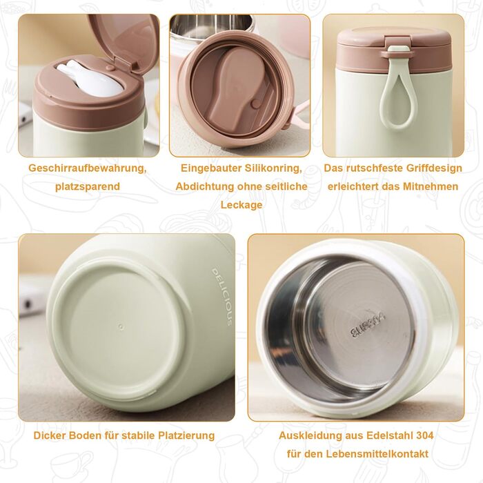 Стаканчик для пластівців Chedin з кришкою, стаканчик для каші з нержавіючої сталі 730 мл, герметичний стаканчик для йогурту з ложкою та кришкою, двошарові герметичні банки для консервування, ідеально підходять для роботи (рожевий зелений)