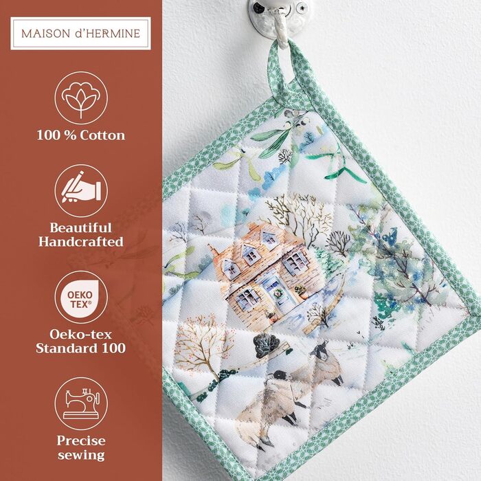 Рукавички для духовки Maison d&39 Hermine, підставки для каструль, 100 бавовна, термостійкі кухонні рукавички, рукавички для духовки (19 см x 33 см) та підставки для каструль (20 см x 20 см) для приготування їжі, Morzine - Рукавички для духовки на День по