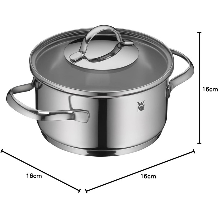 Набір індукційних каструль WMF Aparto Advantage Pot Set зі скляною кришкою, полірована нержавіюча сталь Cromargan, без покриття, можна мити в посудомийній машині (набір каструль) (16 см)