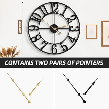 Великий круглий металевий настінний годинник у вінтажному стилі з безшумним нецокаючим годинником на батарейках 40 см, 16-дюймові римські цифри, годинники для вітальні, спальні, кухні, настінний годинник-прикраса (чорні арабські цифри, 60 см)