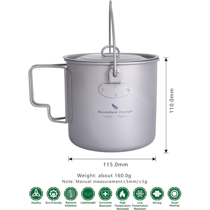 Кемпінгова кружка iBasingo Titanium Pot 750 мл / 900 мл / 1100 мл / 1250 мл Підвісний горщик Легкий посуд Портативний кухоль для чаю та кави з водою з кришкою та складною ручкою Посуд для виживання на відкритому повітрі для пікніка для походів (підвісний 