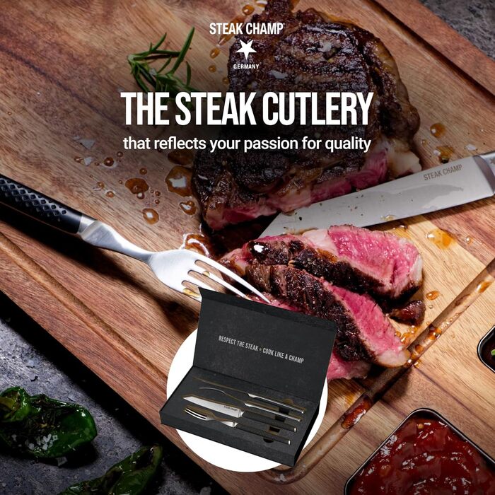 Вилка та ніж для стейка для м&39яса Steakchamp, 2 х 2 шт. виделки та ножі із сталевого леза, з мікрохвильовим помелом, набір з 4 шт., включаючи дерев&39яну коробку