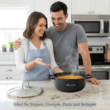 Каструля/горщик GOLDMANN з антипригарним покриттям та скляною кришкою, 6,5 л, мармурове керамічне покриття, для всіх варильних поверхонь, екологічно чиста (20 см)