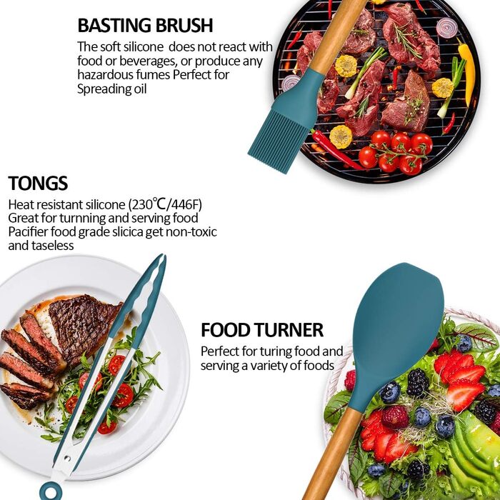 Набір кухонного приладдя Umite Chef, з антипригарним покриттям, силікон, кухонне приладдя, набір лопаток з тримачем, дерев'яна ручка, термостійкий силікон, 24 шт. и (синій)