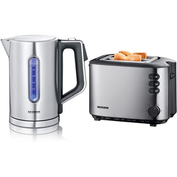 Цифровой котел SEVERIN с возможностью быстрого кипячения и индивидуальным выбором температуры, обем наполнения 1,7 л XXL, матовая нержавеющая сталь / черный, 3000 Вт, 100 не содержит бисфенола А, WK 3418 (комплект с тостером 2 камеры для запекания)