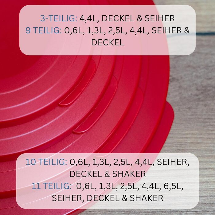 Набор чаш Westmark, 4 чаши с крышками и ситом/ситечком, 9 шт., емкость 0,6/1,3/2,5/4,4 литра, пластик, без бисфенола А, Olympia, цвет прозрачный/ 2420226A (набор из 3 шт., красный)