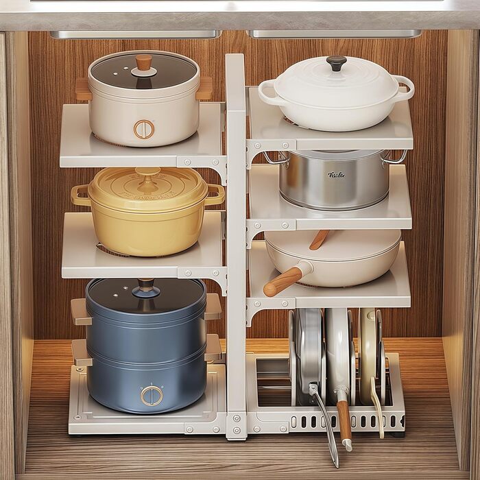 Органайзер для каструль HIMKI для шафи з регульованими відділеннями, тримач для каструль 4/5/7 рівнів, підставка для каструль з тримачем для кришки для кухонної шафи (7 рівнів, білий)