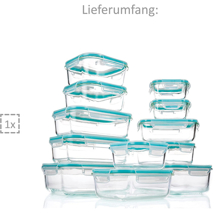 ПЕВЕЦ Ящик для хранения с крышкой 24 шт. (12 контейнеров и 12 крышек), Набор стеклянных банок для хранения, Ящики для приготовления пищи с морозильной камерой, Посуда для микроволновой печи без бисфенола А, Герметичные банки для хранения бирюзового цвета