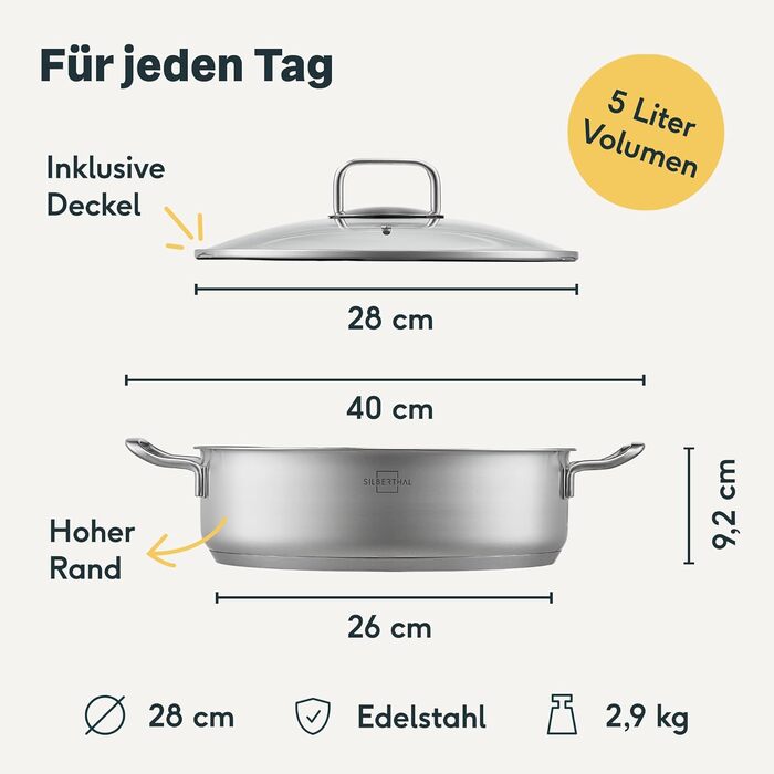 Сотейник 28 см с ручками и крышкой, нержавеющая сталь Silberthal