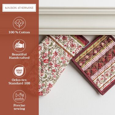 Рукавички для духовки, підставки для каструль Maison d&39 Hermine, 100 бавовна, термостійкі кухонні рукавички, рукавички для духовки (19 x 33 см) та підставки для каструль (20 x 20 см) для приготування їжі, Морзін - Рукавички для духовки (19 x 33 см) та п