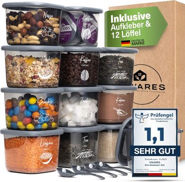 Банки для хранения с герметичными крышками Набор из 24 контейнеров для хранения БЕЗ БИСФЕНОЛА А Для мюсли, хранения муки и сахара Практичный кухонный ящик для хранения всех продуктов (антрацит 0,550 мл)