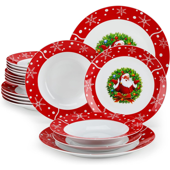 Серія 30-предметний порцеляновий різдвяний набір посуду на 6 осіб, різдвяний кавовий сервіз на 6 обідніх тарілок, 6 десертних тарілок, 6 супових тарілок, 6 кавових чашок та 6 блюдець (Санта Клаус, обідній сервіз на 18 осіб)