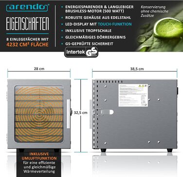 Дегідратор на 8 полиць, 500 Вт Arendo