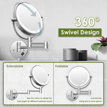 Дзеркало косметичне 20 см настінне з підсвічуванням та 10-кратним збільшенням, сріблясте Vialex