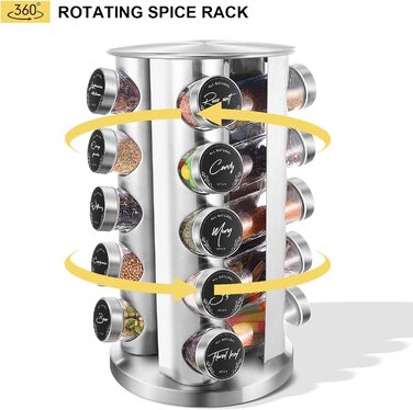 Квадратна стійка для спецій Miorkly з 20 круглими банками для спецій, карусель для спецій з нержавіючої сталі, що обертається на 360, органайзер для спецій, підставка для спецій, що стоїть, банки для спецій зі спринклерною вставкою, банка для спецій, теги