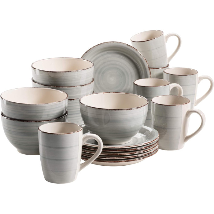 Вінтажний сніданок на 6 осіб, кераміка з ручним розписом, набір посуду з 18 предметів, синій, керамограніт димчасто-блакитний, 931492 Bel Tempo II