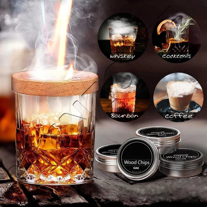 Набір для куріння коктейлів, набір для куріння віскі MKNZOME з 4 копченими коктейльними коптильнями, тирсою, подарунком на День батька, аксесуарами для коктейлів, для димних коктейлів, вина, напоїв, бурбону, кави, м&39яса (A01)