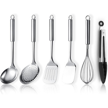 Набір кухонного начиння ReaNea з нержавіючої сталі, 6 предметів, кухонний набір інструментів включає металеву лопатку, шумівку, ополоник, щипці, віночок, необхідні кухонні помічники для нового дому B. 6 предметів