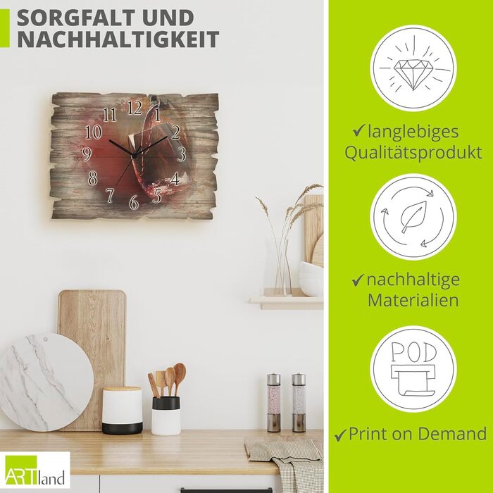 Настінний декор настінний годинник без цокання з дерева радіогодинник безшумний прямокутний 40x30 см їжа бакалія спеції трави лимон чилі вінтажний сільський U1RK трави (червоне вино, радіогодинник)