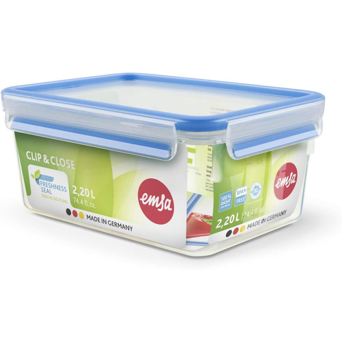 Набір контейнерів для зберігання продуктів EMSA Clip & Close, прямокутні, 5 x 0,8 л, коробки для зберігання, 100 герметичні, придатні для миття в посудомийній машині, морозильної камери та мікрохвильової печі, прозорі, сині, зроблені в Німеччині, N10307 (