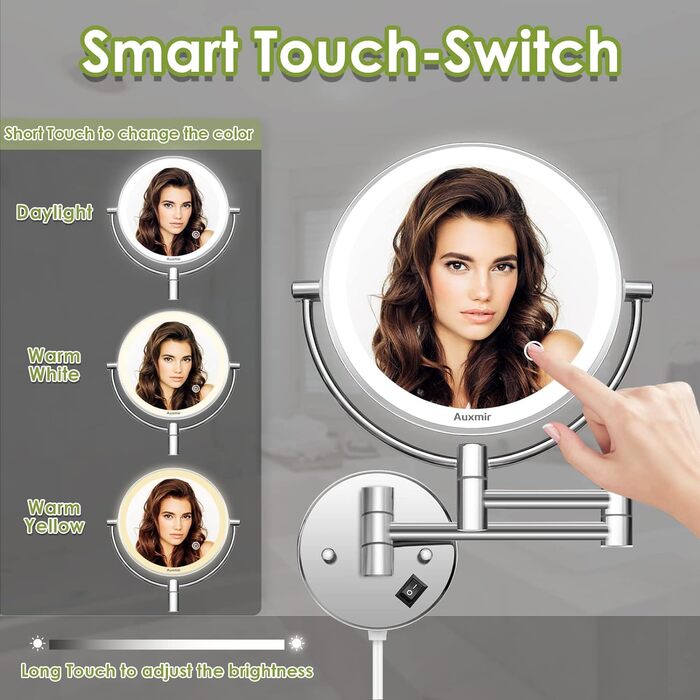 Дзеркало косметичне 20 см настінне з підсвічуванням та 10-кратним збільшенням, сріблясте Vialex