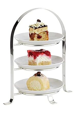 Стійка для сервірування APS високоякісна хромована металева підставка для торта на 3 тарілки з максимальним Ø 27 см - загальна висота 43 см (тарілки в комплект не входять) (3 тарілки - Ø 17см)