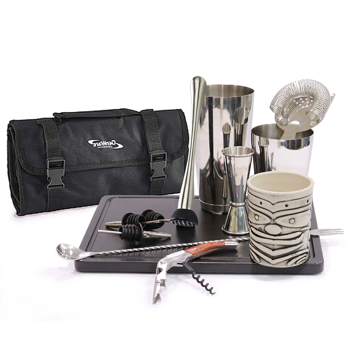 Набор бармена с сумкой, 12 предметов, сатинированная сталь, GenWare + ПОДАРОК бокал TIKI