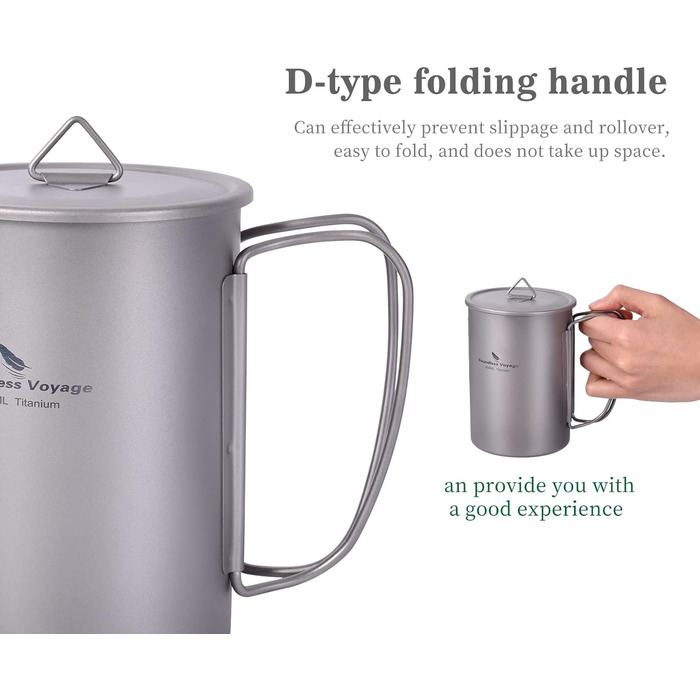 Безмежна титанова чашка Voyage з титановою спортивною пляшкою для води з плоскою кришкою 35.5 рідких унцій/1050 мл ультралегка, герметична для кемпінгу на відкритому повітрі, походів (чашка 600 мл)